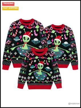 Ugly Christmas Sweater Pullover Alien Pattern Ribbed Cuffs Acrylic